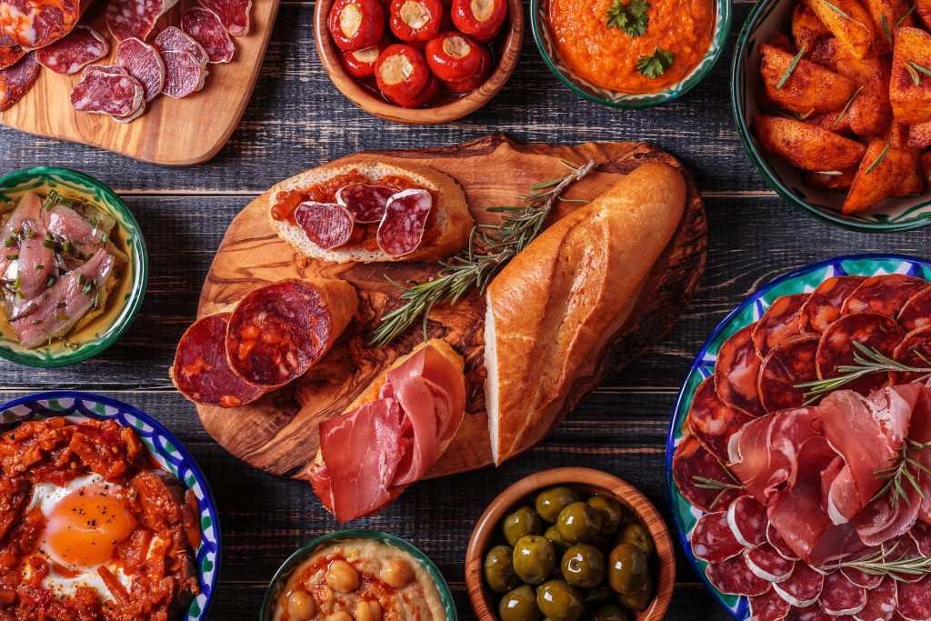 typical,spanish,tapas,concept.,concept,include,variety,slices,jamon,,chorizo,